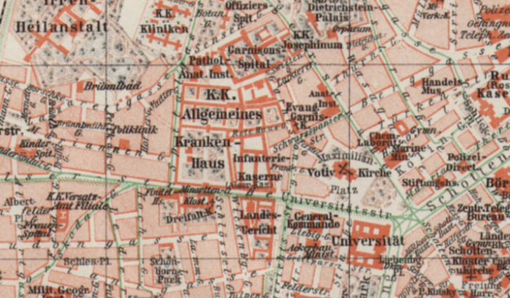 Stadtplan von Wien innerhalb des Gürtels, Beilage zum Meyers Konversationslexikon von 1905.